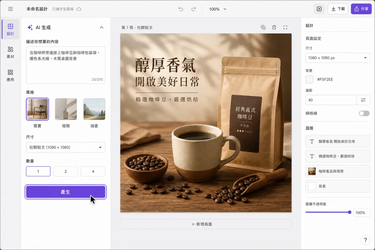 設計編輯器左側開啟 AI 產生面板，游標正停在產生按鈕上。