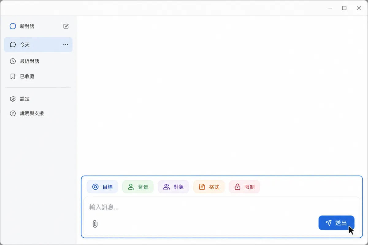 對話輸入框將目標、背景、對象、格式與限制分成五個提示重點。