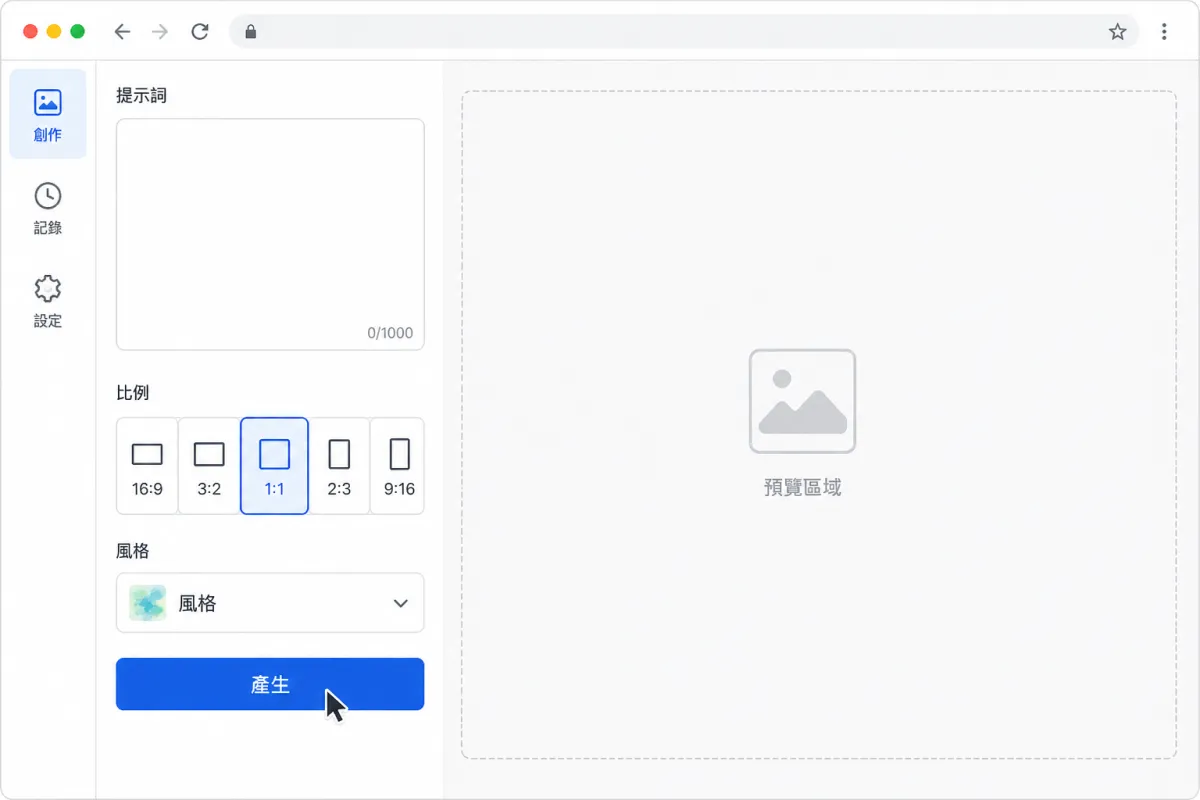 AI 繪圖介面顯示提示詞輸入欄、正方形比例選項與產生按鈕。