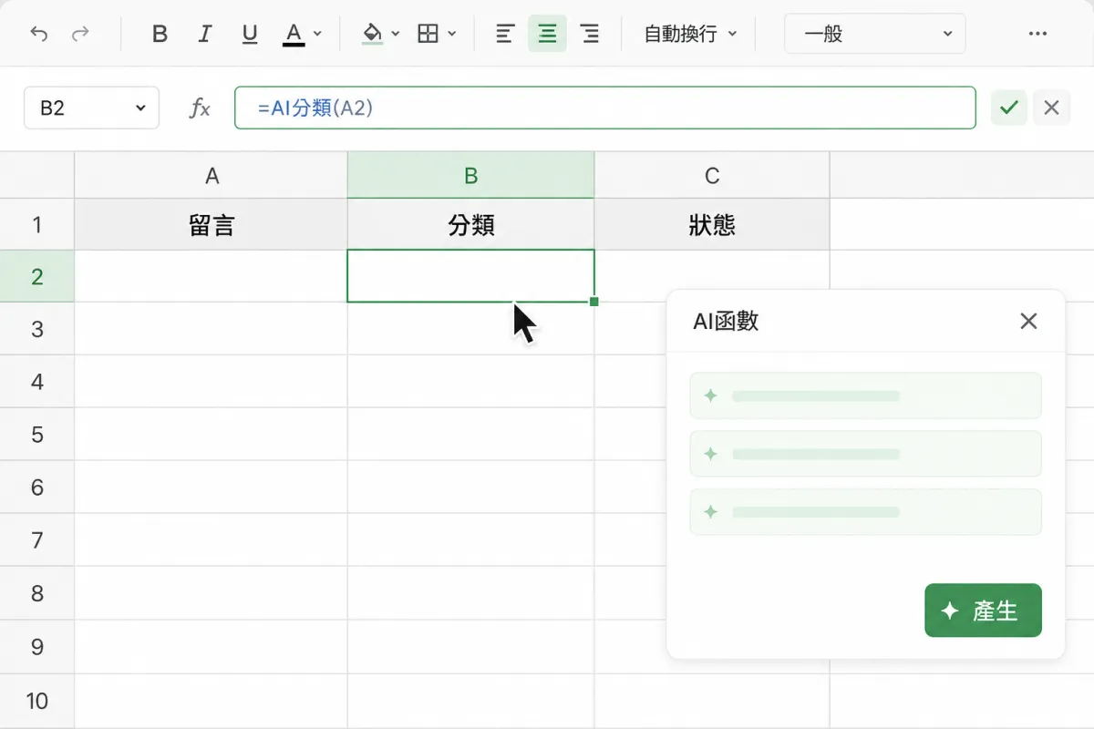 試算表選取分類欄儲存格，並在公式列使用 AI 函數產生結果。