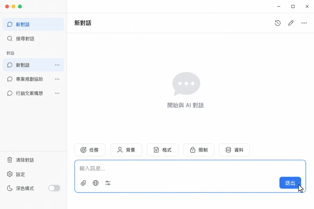 對話輸入區上方列出任務、背景、格式、限制與資料五個提示詞要素。