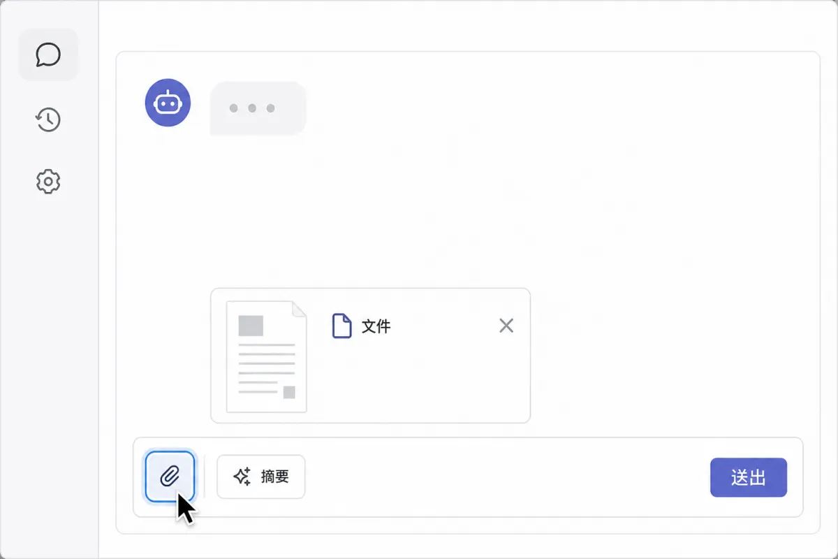 聊天視窗顯示已附加文件，並以外框強調上傳與摘要操作。