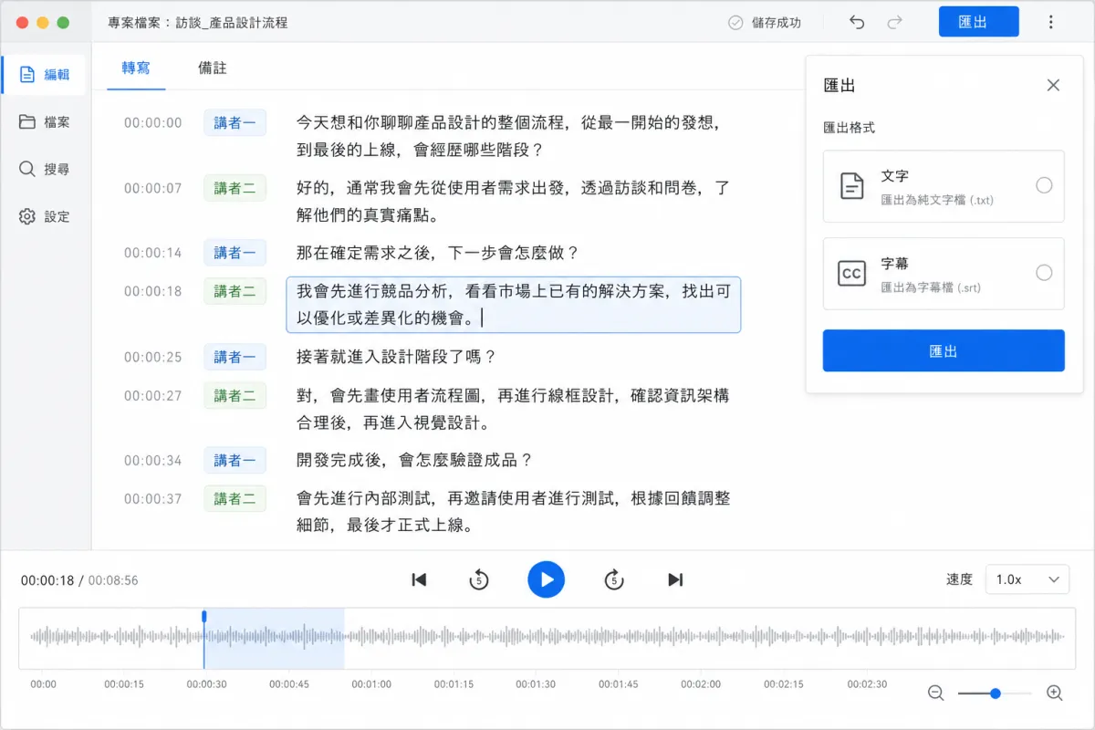 逐字稿編輯畫面同步顯示時間碼、講者、音訊播放與匯出選項。