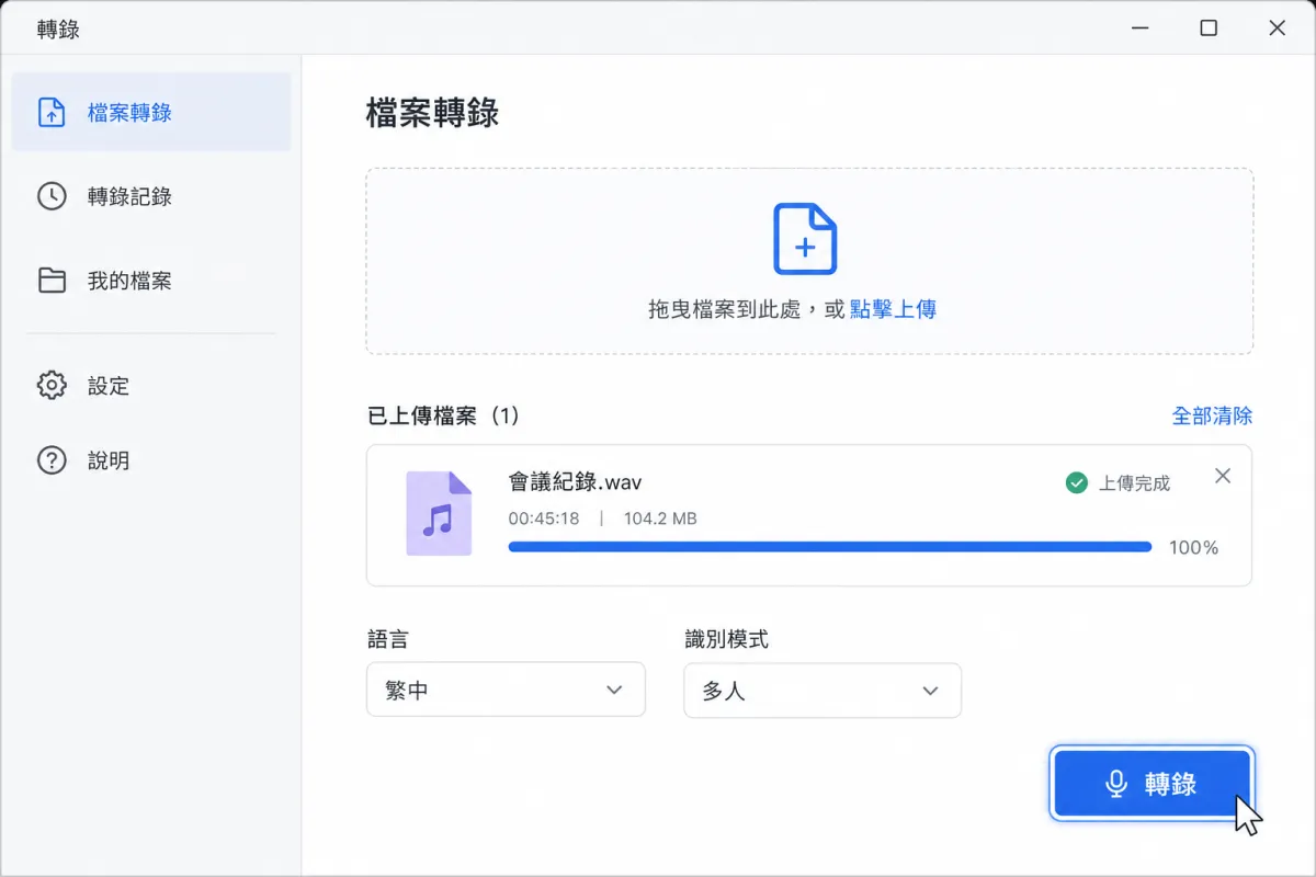 語音轉文字工具的上傳畫面已選擇繁體中文與多人辨識，游標停在轉錄按鈕上。