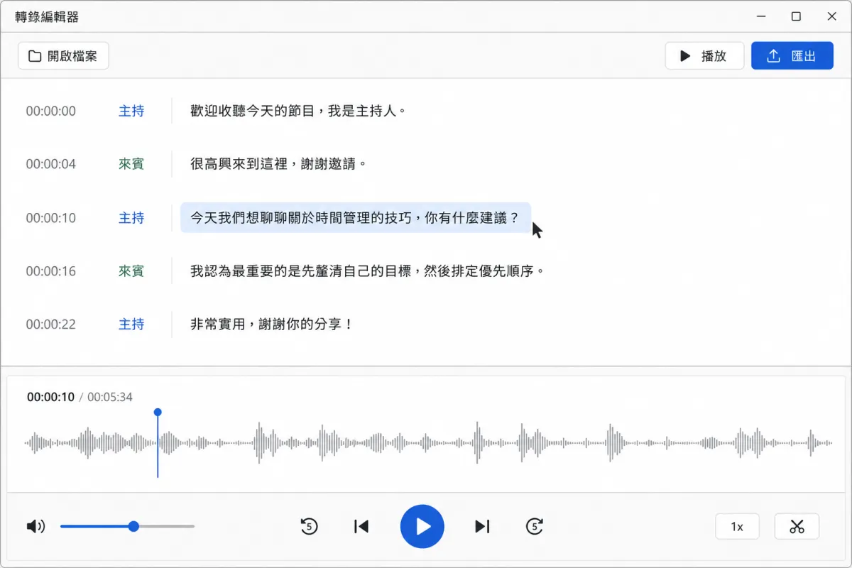 逐字稿編輯器同時顯示音訊波形、說話者名稱與被選取的待校正句子。