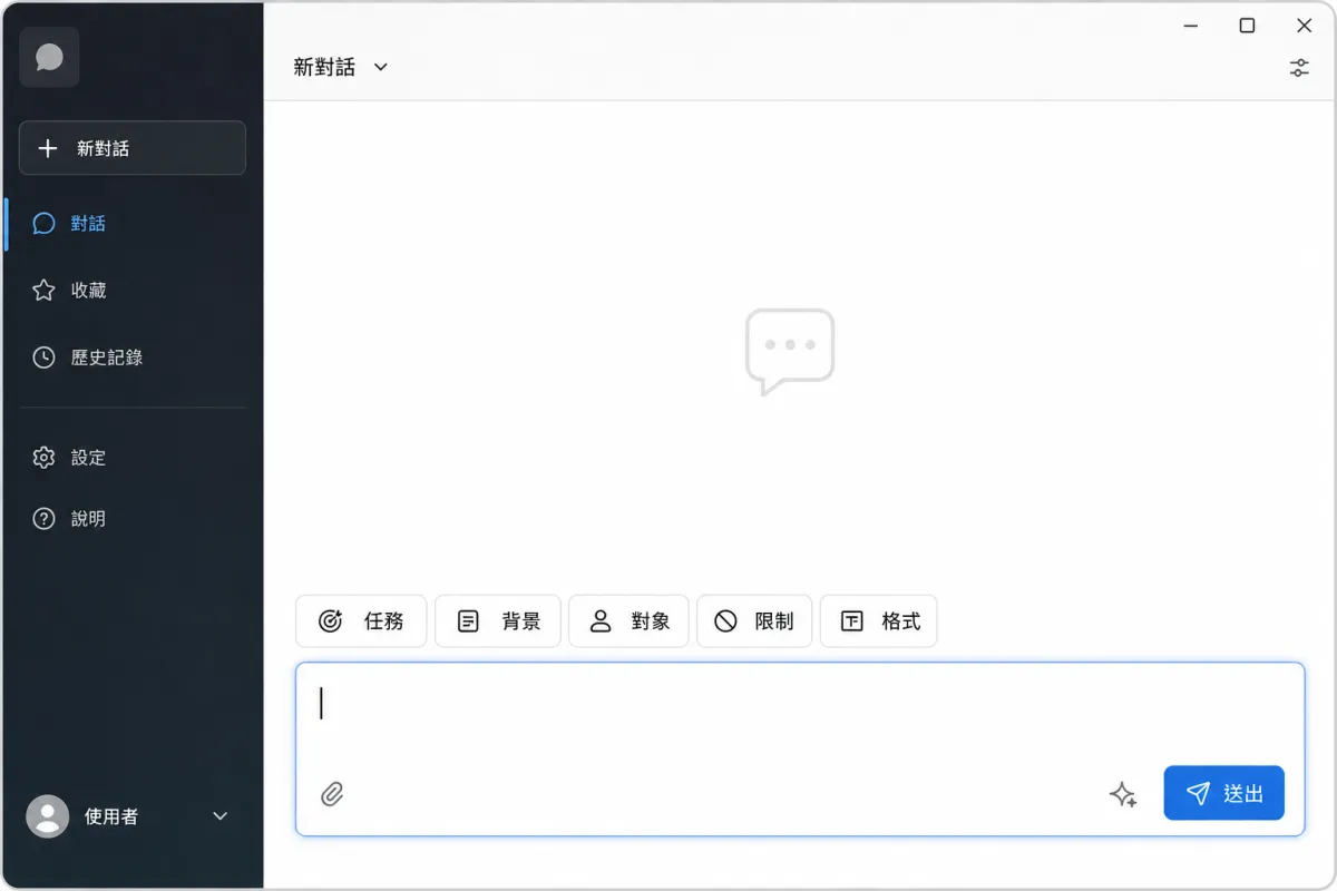 聊天輸入框上方依序顯示任務、背景、對象、限制與格式五個提示詞要素。