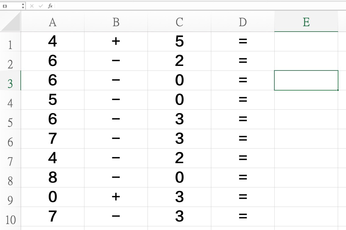 Excel 小教室 - 做一個 0~10 之間的加減法計算，教小朋友數學