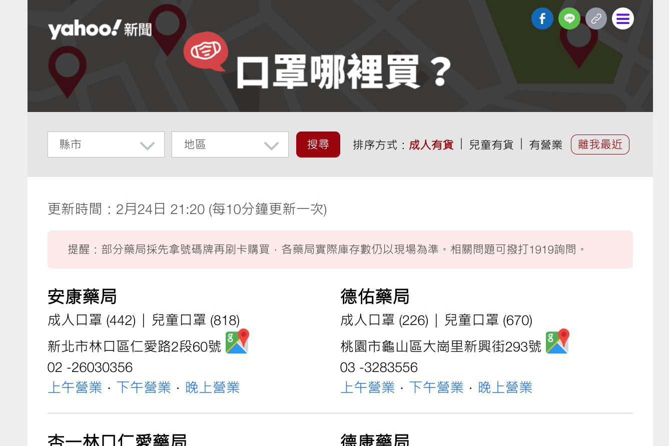 Yahoo!新聞推出即時藥局口罩庫存資訊，口罩哪裡買？每 10 分鐘更新一次庫存