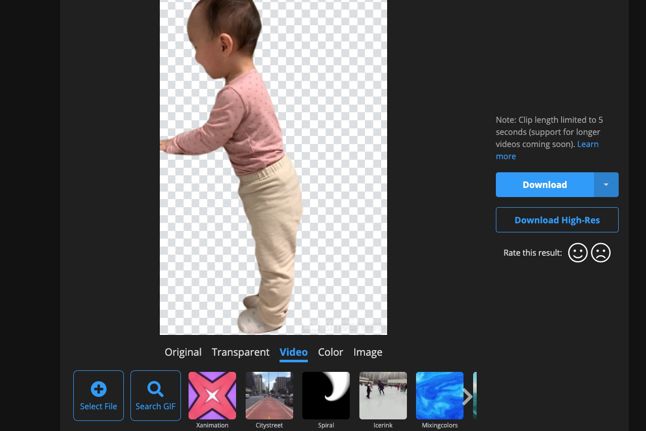 unscreen - 影片線上去背工具，免費版本可輸出為 GIF 檔案