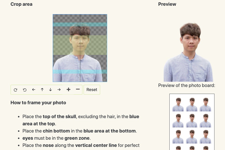 大頭照排版工具，上傳照片設定尺吋、排版，快速搞定證件照