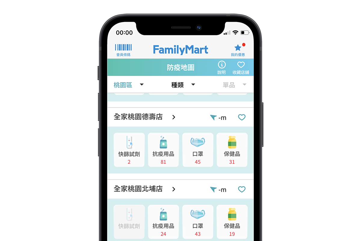 全家 APP 再添防疫地圖，查詢四大類防疫用品哪裡有貨（快篩試劑也開賣了）