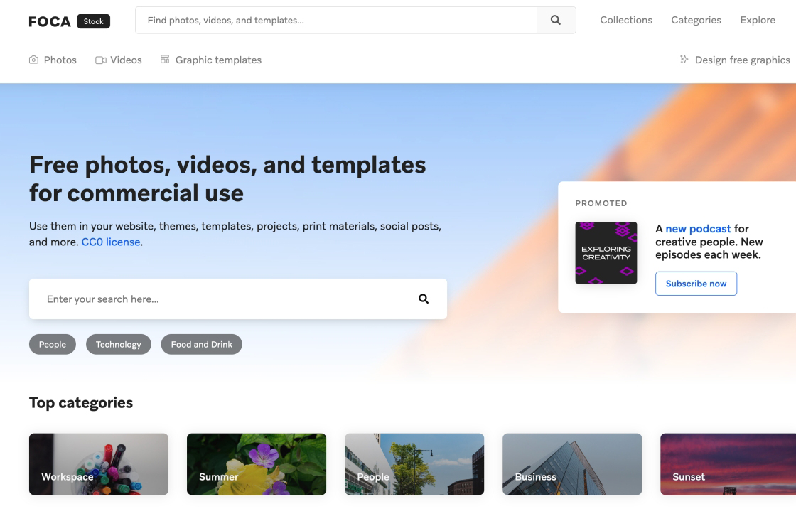 免費圖片影音素材，FOCA Stock 全站採 CC0 授權，還有圖片模板可以編輯使用