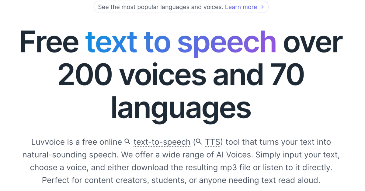 Luvvoice - 免費文字轉語音工具，支援 200 種聲音、70 種語言