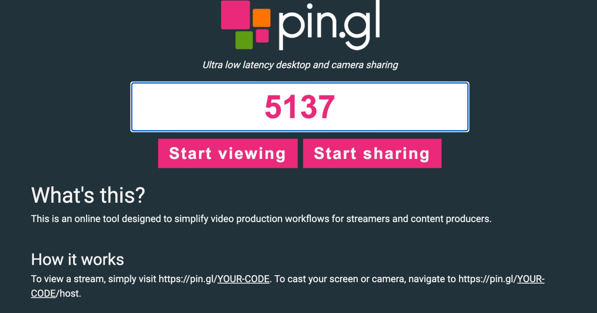 pin.gl 螢幕分享線上工具 - 免安裝軟體透過瀏覽器就能分享你的電腦視訊或螢幕，手機相機也能分享