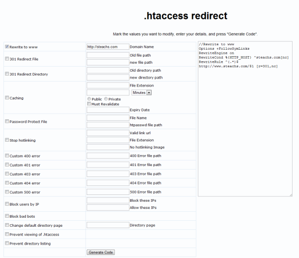 .htaccess語法線上產生器《.htaccess redirect》包含常用轉址、防盜連設置等語法