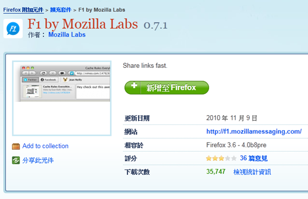 Firefox擴充套件《F1 by Mozilla Labs》社群網站快速分享工具列