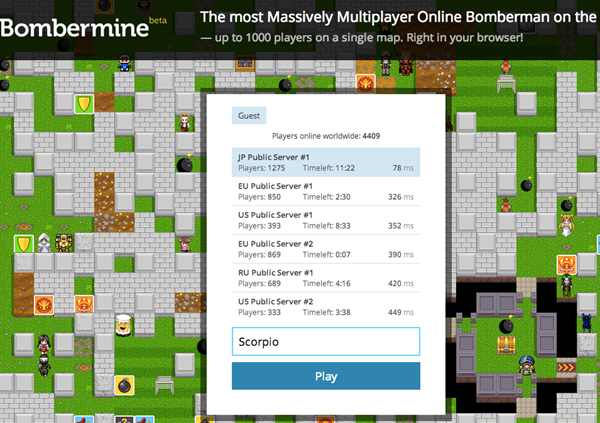 網頁遊戲《bombermine》炸彈超人線上版，最多可容納 1000 人同時玩樂
