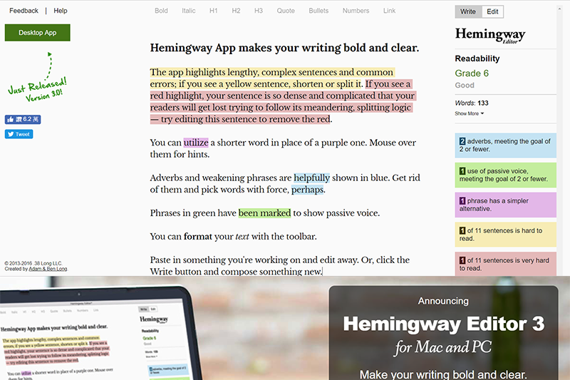 【線上工具/服務】Hemingway Editor - 線上評量文章可讀性，協助修飾不通順、冗長的英文句子