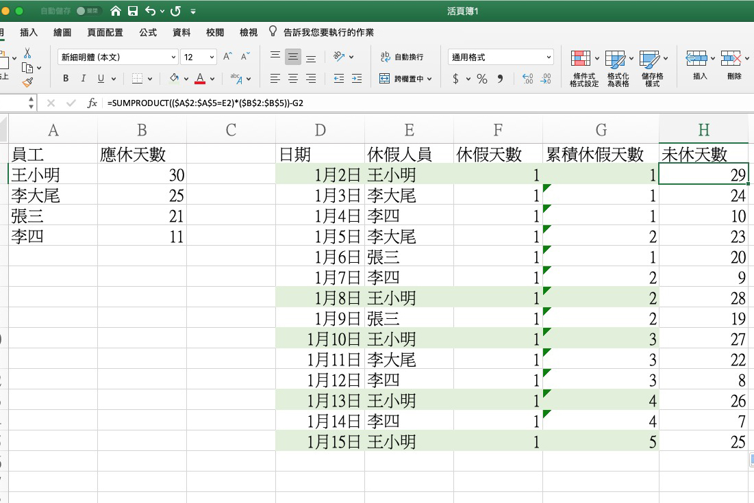 【電腦小教室】Excel 小教室 – SUMPRODUCT 函數實戰運用基礎（累積休假天數與未休天數計算）